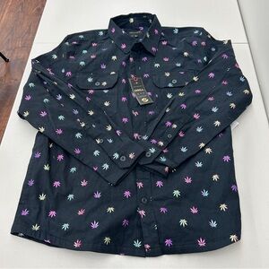 Drill Clothing Black Top with Multicolor Foil Leaf Design size XL